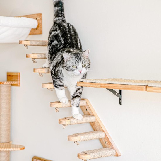 FUKUMARU Climbing Wall for Cats, Cat Stairs, Wall Lounger, Made of Solid Rubber Wood, for Cats up to 15 kg, with Jute Rope for Scratching From Left to Right FUKUMARU Climbing Wall for Cats, Cat Stairs, Wall Lounger, Made of Solid Rubber Wood, for Cats up to 15 kg, with Jute Rope for Scratching From Left to Right
