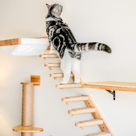FUKUMARU Climbing Wall for Cats, Cat Stairs, Wall Lounger, Made of Solid Rubber Wood, for Cats up to 15 kg, with Jute Rope for Scratching From Left to Right FUKUMARU Climbing Wall for Cats, Cat Stairs, Wall Lounger, Made of Solid Rubber Wood, for Cats up to 15 kg, with Jute Rope for Scratching From Left to Right