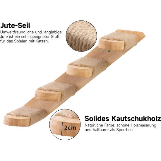 FUKUMARU Climbing Wall for Cats, Cat Stairs, Wall Lounger, Made of Solid Rubber Wood, for Cats up to 15 kg, with Jute Rope for Scratching From Left to Right FUKUMARU Climbing Wall for Cats, Cat Stairs, Wall Lounger, Made of Solid Rubber Wood, for Cats up to 15 kg, with Jute Rope for Scratching From Left to Right