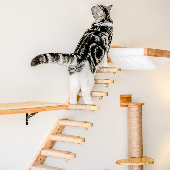 FUKUMARU Climbing Wall for Cats, Cat Stairs, Wall Lounger, Made of Solid Rubber Wood, for Cats up to 15 kg, with Jute Rope for Scratching From Left to Right FUKUMARU Climbing Wall for Cats, Cat Stairs, Wall Lounger, Made of Solid Rubber Wood, for Cats up to 15 kg, with Jute Rope for Scratching From Left to Right
