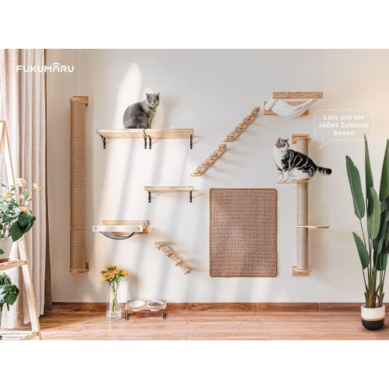 FUKUMARU Climbing Wall for Cats, Cat Stairs, Wall Lounger, Made of Solid Rubber Wood, for Cats up to 15 kg, with Jute Rope for Scratching From Left to Right FUKUMARU Climbing Wall for Cats, Cat Stairs, Wall Lounger, Made of Solid Rubber Wood, for Cats up to 15 kg, with Jute Rope for Scratching From Left to Right