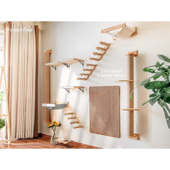 FUKUMARU Climbing Wall for Cats, Cat Stairs, Wall Lounger, Made of Solid Rubber Wood, for Cats up to 15 kg, with Jute Rope for Scratching From Left to Right FUKUMARU Climbing Wall for Cats, Cat Stairs, Wall Lounger, Made of Solid Rubber Wood, for Cats up to 15 kg, with Jute Rope for Scratching From Left to Right