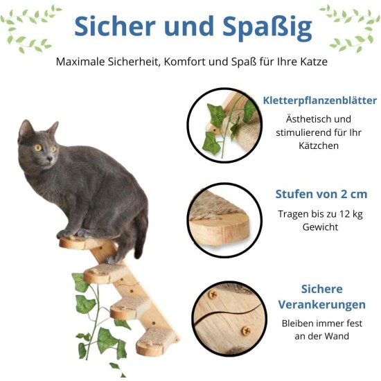 TREKAM Cat Stairs - Cat Ladder Wall Mounted Made of Solid Wood with Jute Rope and Decorative Leaves - Cat Stairs Wall Robust - Climbing Wall Cats Elegant and Functional - Cat Wall Element TREKAM Cat Stairs - Cat Ladder Wall Mounted Made of Solid Wood with Jute Rope and Decorative Leaves - Cat Stairs Wall Robust - Climbing Wall Cats Elegant and Functional - Cat Wall Element