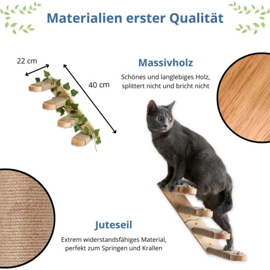 TREKAM Cat Stairs - Cat Ladder Wall Mounted Made of Solid Wood with Jute Rope and Decorative Leaves - Cat Stairs Wall Robust - Climbing Wall Cats Elegant and Functional - Cat Wall Element TREKAM Cat Stairs - Cat Ladder Wall Mounted Made of Solid Wood with Jute Rope and Decorative Leaves - Cat Stairs Wall Robust - Climbing Wall Cats Elegant and Functional - Cat Wall Element