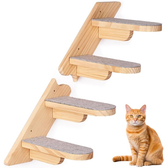 Wall Mounted Cat Climbing Shelf - Wooden Four Step Stairs Covered with Plush - Furniture for Climbing, Sleeping and Playing