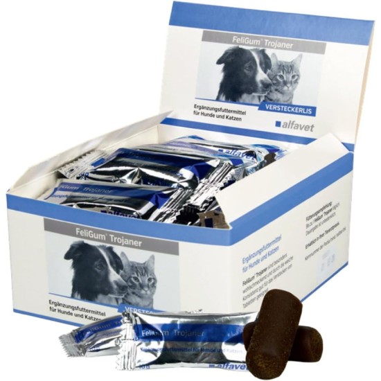 Alfavet FeliGum Trojan, Box 30 x 10 g, Medication Hideaway as Snack, Supplementary Feed for Dogs and Cats Alfavet FeliGum Trojan, Box 30 x 10 g, Medication Hideaway as Snack, Supplementary Feed for Dogs and Cats