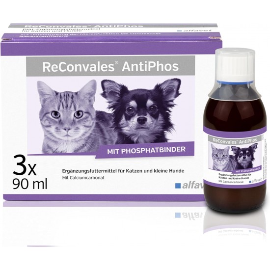 Alfavet ReConvales AntiPhos, to Support the Kidney Function of Cats and Dogs, Dietary Supplement with Phosphate Binder, 3 x 90 ml Bottles Alfavet ReConvales AntiPhos, to Support the Kidney Function of Cats and Dogs, Dietary Supplement with Phosphate Binder, 3 x 90 ml Bottles