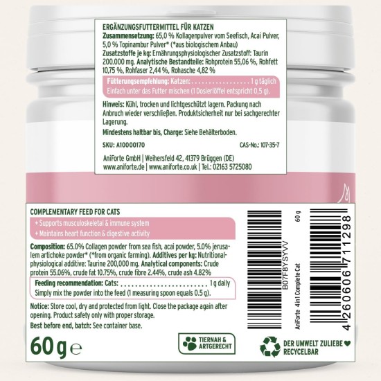 AniForte 4-in-1 Complete Cat 60 g - All-Round Care for Cats, Rich in Antioxidants, Vitamins, Minerals, Powder with Taurine, Collagen for Joints, Nervous System, Immune System, Gastrointestinal AniForte 4-in-1 Complete Cat 60 g - All-Round Care for Cats, Rich in Antioxidants, Vitamins, Minerals, Powder with Taurine, Collagen for Joints, Nervous System, Immune System, Gastrointestinal