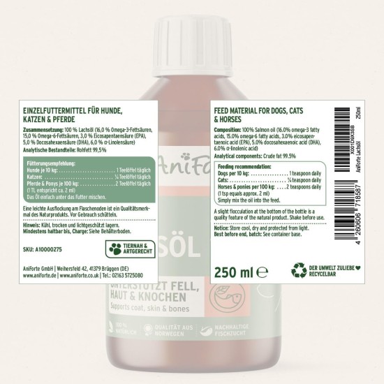 AniForte Salmon Oil For Dogs, 500 ml, Cold-Pressed With Omega-3 And Omega-6 Fatty Acids, Premium Fish Oil For Puppies, Adults, Seniors, Without Additives, Barf Supplement, Recyclable Packaging Without BPA AniForte Salmon Oil For Dogs, 500 ml, Cold-Pressed With Omega-3 And Omega-6 Fatty Acids, Premium Fish Oil For Puppies, Adults, Seniors, Without Additives, Barf Supplement, Recyclable Packaging Without BPA