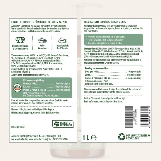 AniForte Salmon Oil For Dogs, 500 ml, Cold-Pressed With Omega-3 And Omega-6 Fatty Acids, Premium Fish Oil For Puppies, Adults, Seniors, Without Additives, Barf Supplement, Recyclable Packaging Without BPA AniForte Salmon Oil For Dogs, 500 ml, Cold-Pressed With Omega-3 And Omega-6 Fatty Acids, Premium Fish Oil For Puppies, Adults, Seniors, Without Additives, Barf Supplement, Recyclable Packaging Without BPA