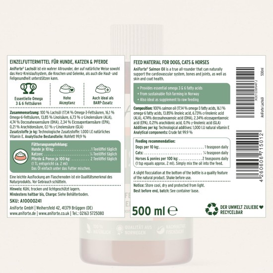 AniForte Salmon Oil For Dogs, 500 ml, Cold-Pressed With Omega-3 And Omega-6 Fatty Acids, Premium Fish Oil For Puppies, Adults, Seniors, Without Additives, Barf Supplement, Recyclable Packaging Without BPA AniForte Salmon Oil For Dogs, 500 ml, Cold-Pressed With Omega-3 And Omega-6 Fatty Acids, Premium Fish Oil For Puppies, Adults, Seniors, Without Additives, Barf Supplement, Recyclable Packaging Without BPA