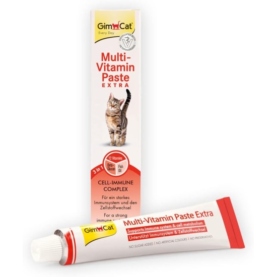 GimCat multi-vitamin paste extra nutrient rich cat snack with cell-protect complex for healthy cell protection, contains Beta-Glucan and fish oil, 1 tube GimCat multi-vitamin paste extra nutrient rich cat snack with cell-protect complex for healthy cell protection, contains Beta-Glucan and fish oil, 1 tube