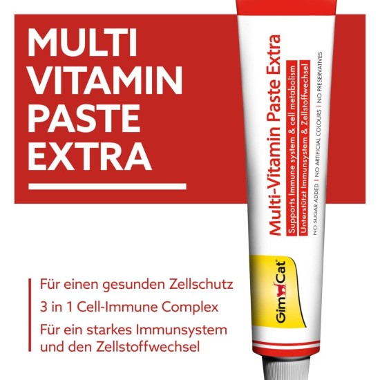 GimCat multi-vitamin paste extra nutrient rich cat snack with cell-protect complex for healthy cell protection, contains Beta-Glucan and fish oil, 1 tube GimCat multi-vitamin paste extra nutrient rich cat snack with cell-protect complex for healthy cell protection, contains Beta-Glucan and fish oil, 1 tube