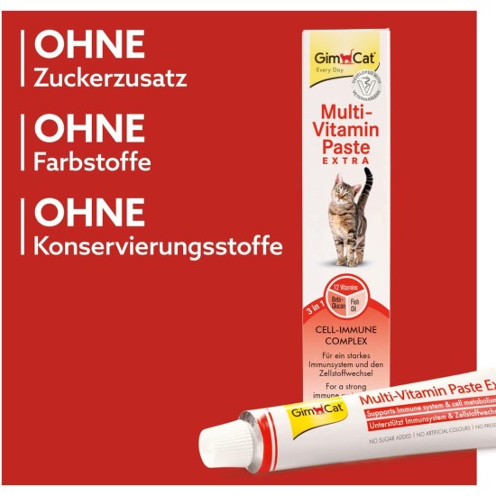 GimCat multi-vitamin paste extra nutrient rich cat snack with cell-protect complex for healthy cell protection, contains Beta-Glucan and fish oil, 1 tube GimCat multi-vitamin paste extra nutrient rich cat snack with cell-protect complex for healthy cell protection, contains Beta-Glucan and fish oil, 1 tube