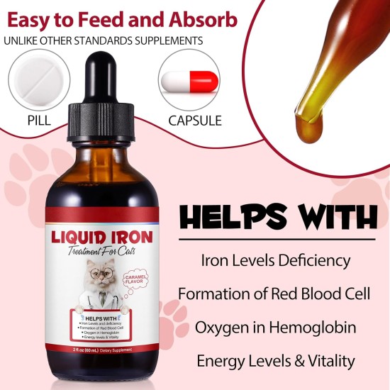 Liquid Iron Preparations for Cats, 60 ml Cat Vitamins and Supplements with Vitamin C and B12, Supports Anemia, Promotes Blood Health, Helps in the Formation of Red Blood Cells Liquid Iron Preparations for Cats, 60 ml Cat Vitamins and Supplements with Vitamin C and B12, Supports Anemia, Promotes Blood Health, Helps in the Formation of Red Blood Cells