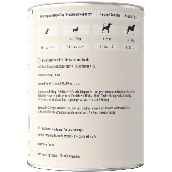 Pets Protect 100% Pure TAURIN Powder for Cats & Dogs 150 g | Healthy Retina & Organ Function | Immune System & Metabolism | Strengthening Cardiovascular System | Made in Germany Pets Protect 100% Pure TAURIN Powder for Cats & Dogs 150 g | Healthy Retina & Organ Function | Immune System & Metabolism | Strengthening Cardiovascular System | Made in Germany