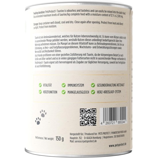 Pets Protect 100% Pure TAURIN Powder for Cats & Dogs 150 g | Healthy Retina & Organ Function | Immune System & Metabolism | Strengthening Cardiovascular System | Made in Germany Pets Protect 100% Pure TAURIN Powder for Cats & Dogs 150 g | Healthy Retina & Organ Function | Immune System & Metabolism | Strengthening Cardiovascular System | Made in Germany