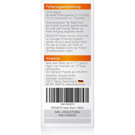 RECOACTIV® Kidney Tonic For Cats, Food Supplement For Cats With Kidney Disease As Well As For Prevention, Tonic For Cat's Convalescing From Kidney Failure RECOACTIV® Kidney Tonic For Cats, Food Supplement For Cats With Kidney Disease As Well As For Prevention, Tonic For Cat's Convalescing From Kidney Failure