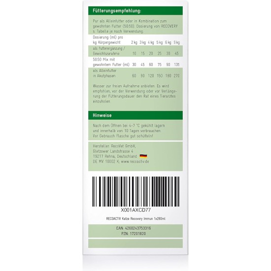 Recoactiv® Recovery Immune for Cats 3 x 90 ml - High Calorie Diet Complete Food, in Reconvalescence and after surgery, for Weight Gain and for Refusing of Food Recoactiv® Recovery Immune for Cats 3 x 90 ml - High Calorie Diet Complete Food, in Reconvalescence and after surgery, for Weight Gain and for Refusing of Food