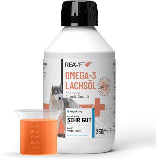 TESTURTEIL SEHR GUT 2025 ReaVET Salmon Oil Cat 100 ml - Rich in Omega 3 & 6, Fish Oil Dogs High Dose I Real Food Quality without Additives I Freshly Bottled in Germany TESTURTEIL SEHR GUT 2025 ReaVET Salmon Oil Cat 100 ml - Rich in Omega 3 & 6, Fish Oil Dogs High Dose I Real Food Quality without Additives I Freshly Bottled in Germany