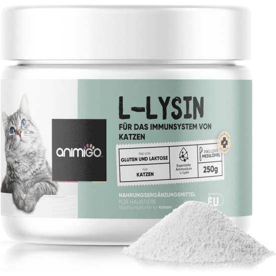 animigo L-Lysine for Cats - 250 g Powder - Pure Amino Acid Powder - For Cat Running, Immune System, Defences & Respiratory Tract - Includes Measuring Spoon - Vitamins for Cats - Alternative to Chew animigo L-Lysine for Cats - 250 g Powder - Pure Amino Acid Powder - For Cat Running, Immune System, Defences & Respiratory Tract - Includes Measuring Spoon - Vitamins for Cats - Alternative to Chew