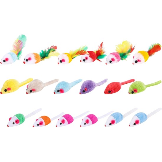 18 Pieces Cat Toy Mouse Toy Mouse for Cats Mice Rattles Small Mouse Catnip Toy with Feather Tail Fur Interactive Cat Toy Mixed Cat Plush Mouse Toy