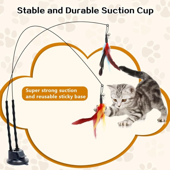 AiQInu Pack of 4 Interactive Cat Toy, Suction Cup, 1 Cat Fishing Rod with 2 Bells Birds, Intelligence Toy for Cats, Wand AiQInu Pack of 4 Interactive Cat Toy, Suction Cup, 1 Cat Fishing Rod with 2 Bells Birds, Intelligence Toy for Cats, Wand