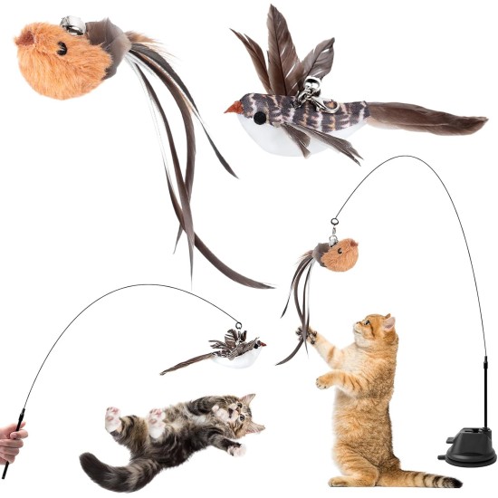 AiQInu Pack of 4 Interactive Cat Toy, Suction Cup, 1 Cat Fishing Rod with 2 Bells Birds, Intelligence Toy for Cats, Wand AiQInu Pack of 4 Interactive Cat Toy, Suction Cup, 1 Cat Fishing Rod with 2 Bells Birds, Intelligence Toy for Cats, Wand