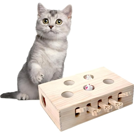 BOHJPIS Interactive Cat Toy, Wooden Toy, Mole Mouse, Puzzle Box with Toys for Cats, Hunting, Playing, Exercising, Scratching, 5 Holes, Perfect for Indoor Exercise and Fun (Wood Colour) BOHJPIS Interactive Cat Toy, Wooden Toy, Mole Mouse, Puzzle Box with Toys for Cats, Hunting, Playing, Exercising, Scratching, 5 Holes, Perfect for Indoor Exercise and Fun (Wood Colour)