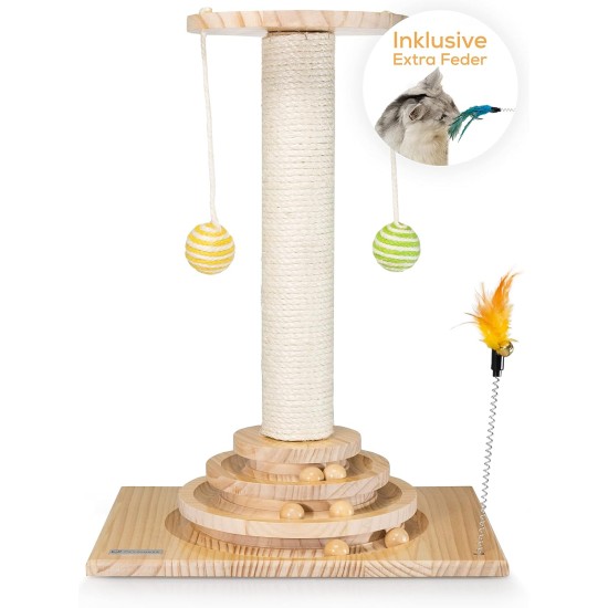 Cat Scratching Post - Interactive Cat Toy with 40 cm High Scratching Post, Feather and Rattle Balls - Small Cat Scratching Post - Cat Scratching Furniture Cat Scratching Post - Interactive Cat Toy with 40 cm High Scratching Post, Feather and Rattle Balls - Small Cat Scratching Post - Cat Scratching Furniture