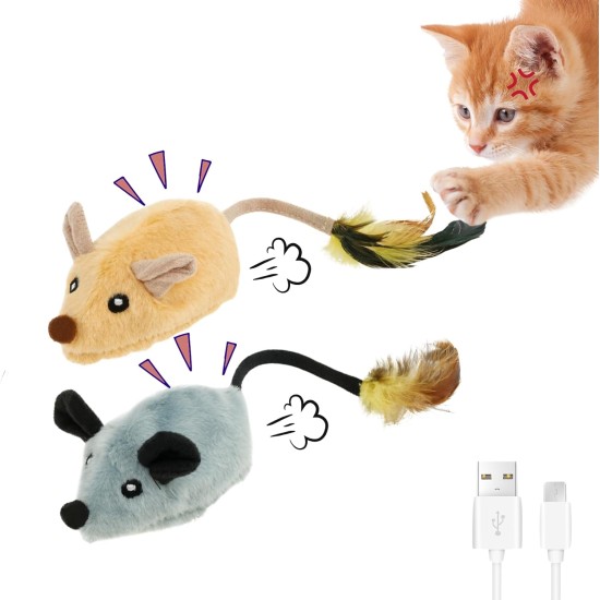Cat Toy Electric Play Mouse with Feather Tail Cat Toy Mouse Electric with LED Light USB Realistic Mouse Sounds Interactive Toy Mouse for Cats Dogs (Yellow + Grey)