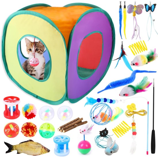 Cat Toy Set, 22 Pieces Cat Toy, with Cat Tunnel, Feather Toy, Plush Toy, Toy Mice Cat Toy for Kitty, Puppy, Kitten