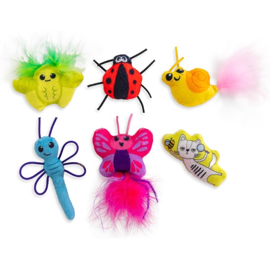Catstages by Cute As A Bug Plush Interactive Cat Toys, Bug Themed Kicker Catnip Toys with Feathers, Crinkle, Mesh, 6 Pack, Small, Multicoloured