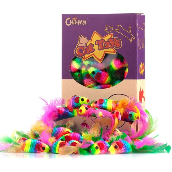 Chiwava Pack of 24 12.5 cm Rattle Cat Toy Mouse Rainbow Rope Mice with Feather Kitten Interactive Toy Assorted Colours Chiwava Pack of 24 12.5 cm Rattle Cat Toy Mouse Rainbow Rope Mice with Feather Kitten Interactive Toy Assorted Colours