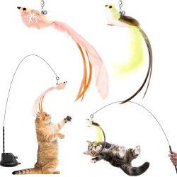 Cozary Pack of 4 Interactive Cat Toy, Suction Cup, 1 Cat Fishing Rod with 2 Bells Birds, Intelligence Toy, Bird Toy for Cats, Wand Cozary Pack of 4 Interactive Cat Toy, Suction Cup, 1 Cat Fishing Rod with 2 Bells Birds, Intelligence Toy, Bird Toy for Cats, Wand
