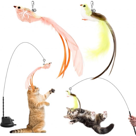 Cozary Pack of 4 Interactive Cat Toy, Suction Cup, 1 Cat Fishing Rod with 2 Bells Birds, Intelligence Toy, Bird Toy for Cats, Wand Cozary Pack of 4 Interactive Cat Toy, Suction Cup, 1 Cat Fishing Rod with 2 Bells Birds, Intelligence Toy, Bird Toy for Cats, Wand