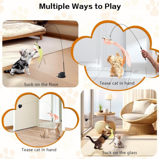 Cozary Pack of 4 Interactive Cat Toy, Suction Cup, 1 Cat Fishing Rod with 2 Bells Birds, Intelligence Toy, Bird Toy for Cats, Wand Cozary Pack of 4 Interactive Cat Toy, Suction Cup, 1 Cat Fishing Rod with 2 Bells Birds, Intelligence Toy, Bird Toy for Cats, Wand