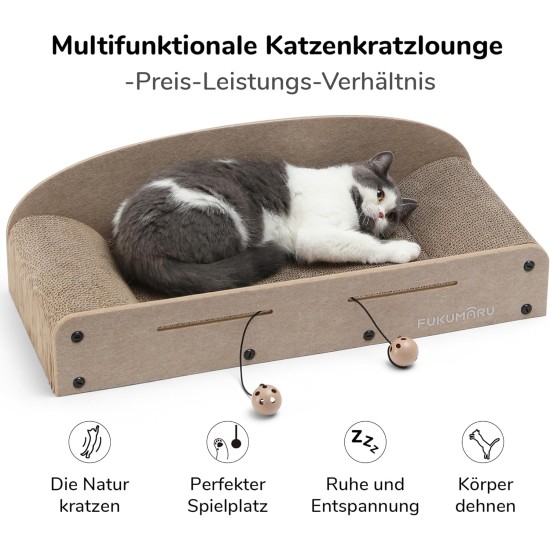 FUKUMARU Cat Scratching Board, 66 cm, Durable Scratching Cardboard and Felt, Large Lounger, 2 Reversible Cat Scratching Pads for Cats, Recyclable, Corrugated Cardboard Cat Scratching Bed with Bell FUKUMARU Cat Scratching Board, 66 cm, Durable Scratching Cardboard and Felt, Large Lounger, 2 Reversible Cat Scratching Pads for Cats, Recyclable, Corrugated Cardboard Cat Scratching Bed with Bell