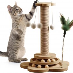 GOMETY 4-in-1 Wooden Cat Toy Roller 2-Layer Turntable Interactive Cat Toy Wooden with Feathers and Catnip Balls, 40 cm Cat Sisal Rope Scratching Post with Hanging Ball (Large) GOMETY 4-in-1 Wooden Cat Toy Roller 2-Layer Turntable Interactive Cat Toy Wooden with Feathers and Catnip Balls, 40 cm Cat Sisal Rope Scratching Post with Hanging Ball (Large)