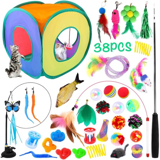 JOTOL 38 Pieces Cat Toy with Cat Tunnel, Cat Toy, Also Includes Feather Toy, Balls, Plush Toy, Toy Mice Cats Toy Variety Pack for Kitty Cats JOTOL 38 Pieces Cat Toy with Cat Tunnel, Cat Toy, Also Includes Feather Toy, Balls, Plush Toy, Toy Mice Cats Toy Variety Pack for Kitty Cats
