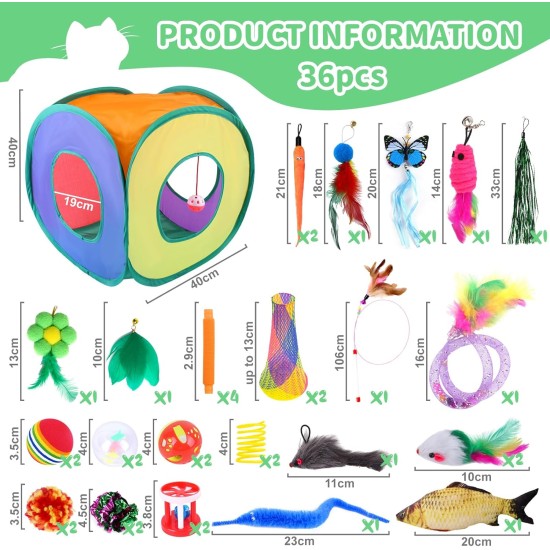 JOTOL 38 Pieces Cat Toy with Cat Tunnel, Cat Toy, Also Includes Feather Toy, Balls, Plush Toy, Toy Mice Cats Toy Variety Pack for Kitty Cats JOTOL 38 Pieces Cat Toy with Cat Tunnel, Cat Toy, Also Includes Feather Toy, Balls, Plush Toy, Toy Mice Cats Toy Variety Pack for Kitty Cats