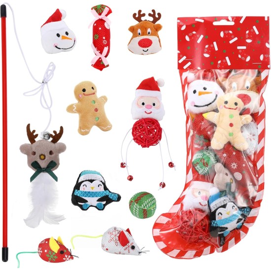 Lewondr Christmas Cat Toy Set, 10 Pieces Interactive Cat Toy, Magic Wand Plush Toys, Mouse Plush Dolls, Gingerbread Man, Cats Christmas Toy, Multicoloured Lewondr Christmas Cat Toy Set, 10 Pieces Interactive Cat Toy, Magic Wand Plush Toys, Mouse Plush Dolls, Gingerbread Man, Cats Christmas Toy, Multicoloured