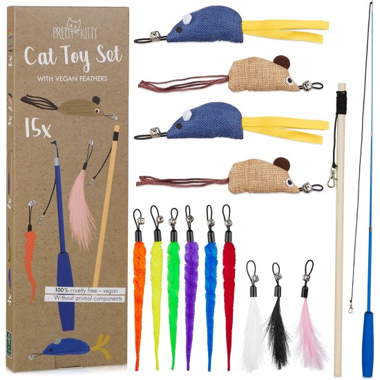 PRETTY KITTY Vegan Cat Toy Set: Large 15 Pieces Cat Toy Set with Cat Fishing Feathers and Catnip Toy Cat PRETTY KITTY Vegan Cat Toy Set: Large 15 Pieces Cat Toy Set with Cat Fishing Feathers and Catnip Toy Cat
