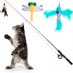 Pawaboo Interactive Cat Toy, Retractable Cat Fishing Rod with 3 Replacement Fishing Lures Made of Feathers and Bells, Adjustable Line Length, Feather Teaser for Cats Kittens Fun Pawaboo Interactive Cat Toy, Retractable Cat Fishing Rod with 3 Replacement Fishing Lures Made of Feathers and Bells, Adjustable Line Length, Feather Teaser for Cats Kittens Fun