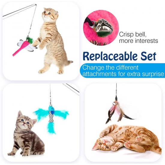 Pawaboo Interactive Cat Toy, Retractable Cat Fishing Rod with 3 Replacement Fishing Lures Made of Feathers and Bells, Adjustable Line Length, Feather Teaser for Cats Kittens Fun Pawaboo Interactive Cat Toy, Retractable Cat Fishing Rod with 3 Replacement Fishing Lures Made of Feathers and Bells, Adjustable Line Length, Feather Teaser for Cats Kittens Fun