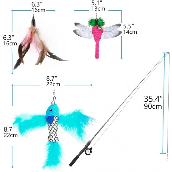 Pawaboo Interactive Cat Toy, Retractable Cat Fishing Rod with 3 Replacement Fishing Lures Made of Feathers and Bells, Adjustable Line Length, Feather Teaser for Cats Kittens Fun Pawaboo Interactive Cat Toy, Retractable Cat Fishing Rod with 3 Replacement Fishing Lures Made of Feathers and Bells, Adjustable Line Length, Feather Teaser for Cats Kittens Fun