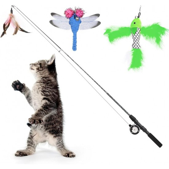Pawaboo Interactive Cat Toy, Retractable Cat Fishing Rod with 3 Replacement Fishing Lures Made of Feathers and Bells, Adjustable Line Length, Feather Teaser for Cats Kittens Fun Pawaboo Interactive Cat Toy, Retractable Cat Fishing Rod with 3 Replacement Fishing Lures Made of Feathers and Bells, Adjustable Line Length, Feather Teaser for Cats Kittens Fun
