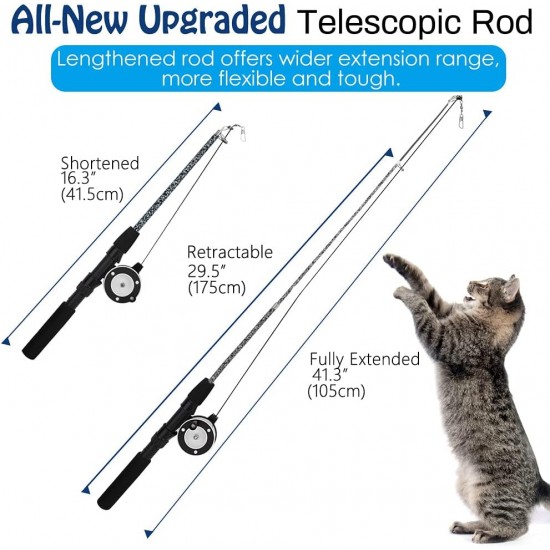 Pawaboo Interactive Cat Toy, Retractable Cat Fishing Rod with 3 Replacement Fishing Lures Made of Feathers and Bells, Adjustable Line Length, Feather Teaser for Cats Kittens Fun Pawaboo Interactive Cat Toy, Retractable Cat Fishing Rod with 3 Replacement Fishing Lures Made of Feathers and Bells, Adjustable Line Length, Feather Teaser for Cats Kittens Fun