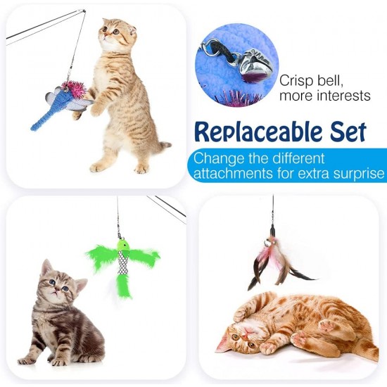 Pawaboo Interactive Cat Toy, Retractable Cat Fishing Rod with 3 Replacement Fishing Lures Made of Feathers and Bells, Adjustable Line Length, Feather Teaser for Cats Kittens Fun Pawaboo Interactive Cat Toy, Retractable Cat Fishing Rod with 3 Replacement Fishing Lures Made of Feathers and Bells, Adjustable Line Length, Feather Teaser for Cats Kittens Fun