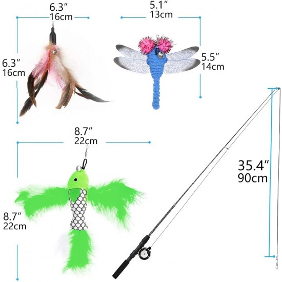 Pawaboo Interactive Cat Toy, Retractable Cat Fishing Rod with 3 Replacement Fishing Lures Made of Feathers and Bells, Adjustable Line Length, Feather Teaser for Cats Kittens Fun Pawaboo Interactive Cat Toy, Retractable Cat Fishing Rod with 3 Replacement Fishing Lures Made of Feathers and Bells, Adjustable Line Length, Feather Teaser for Cats Kittens Fun